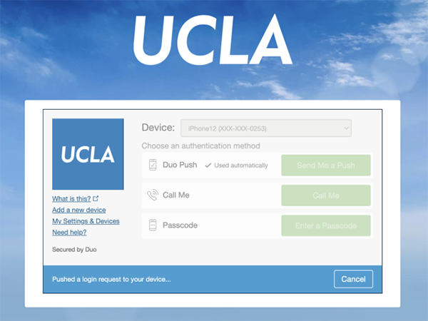 Screenshot of the current DUO prompt for UCLA. Prompts to select device, choose an authentication method, and shows banner "pushed a login request to your device" 