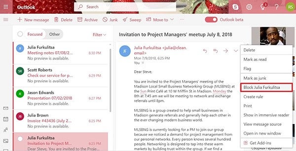 Outlook email block screenshot