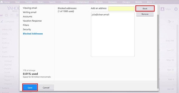 yahoo save blocked email address